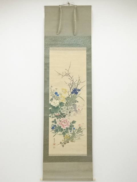 JAPANESE HANGING SCROLL / HAND PAINTED / FLOWERS